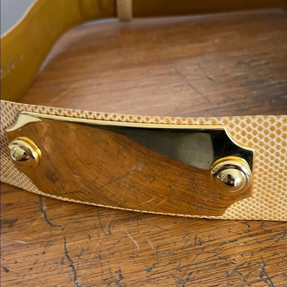 Judith Lieber Gold and Tan leather Belt with Buckle